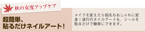 超簡単、貼るだけネイルアート!メイクを変えたら指先もおしゃれに変身!流行のネイルアートも、シールを貼るだけで簡単にできます。