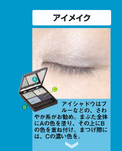 �A�C���C�N�F�A�C�V���h�E�̓u���[�Ȃǂ́A����₩�n�������߁B�܂Ԃ��S�̂�A�̐F��h��A���̏��B�̐F���d�˕t���B�܂��ۂɂ́AC�̔Z���F���B